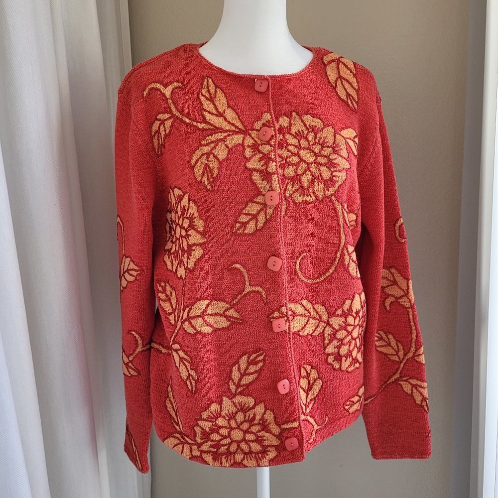 Vintage Talbots Coral Pink Flower Embroidered Button down Cardigan sweater M